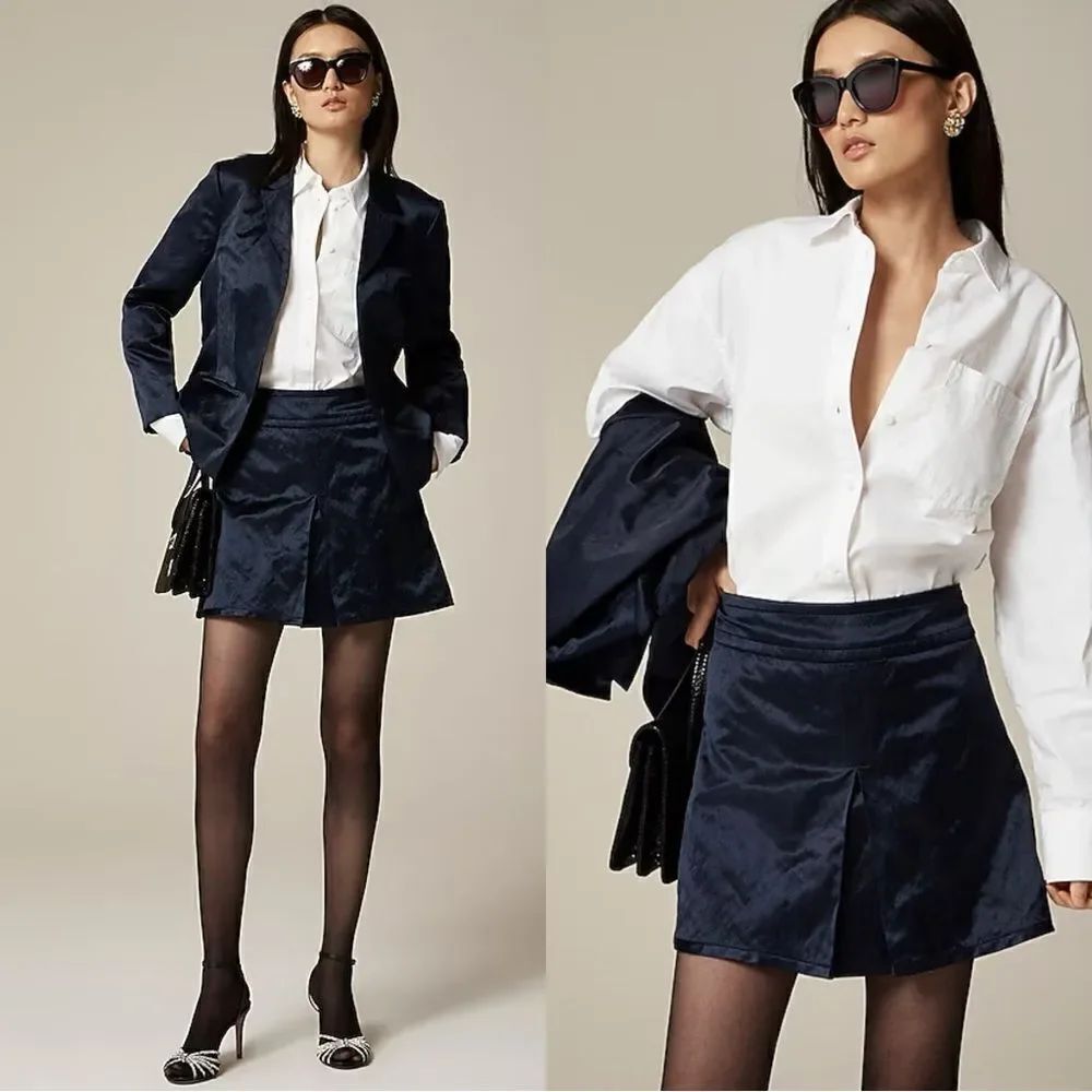 NWT J CREW Collection center-pleat mini skirt in textured satin in navy